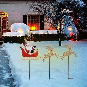 Christmas Garden Stake , Metal Lighted Christmas Stakes, Santa Claus Reindeer